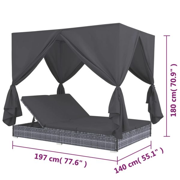 Outdoor Lounge Bed with Curtains Poly Rattan Grey