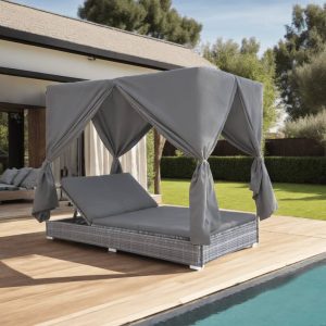 Outdoor Lounge Bed with Curtains Poly Rattan Grey