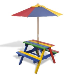 Kids' Picnic Table with Benches and Parasol Multicolour Wood