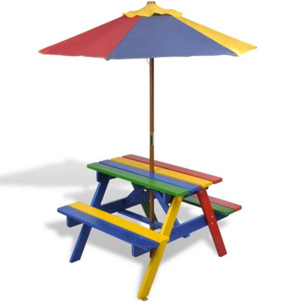 Kids’ Picnic Table with Benches and Parasol Multicolour Wood