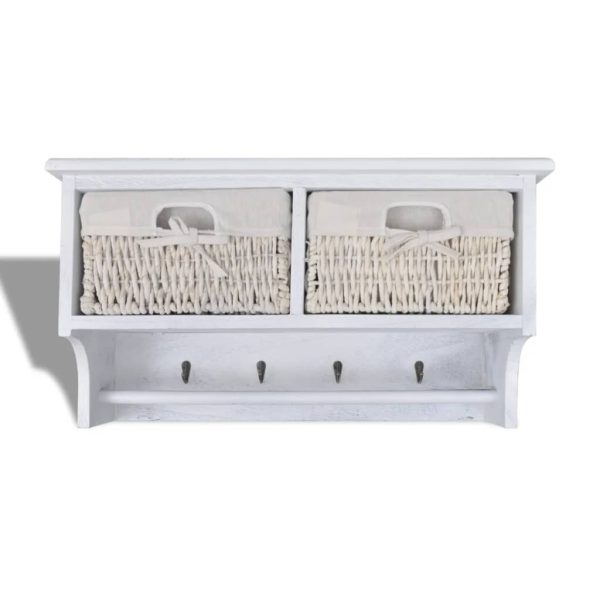 White Paulownia Wood Wall Shelf With Hangers 2 Weaving Baskets 4 Hooks