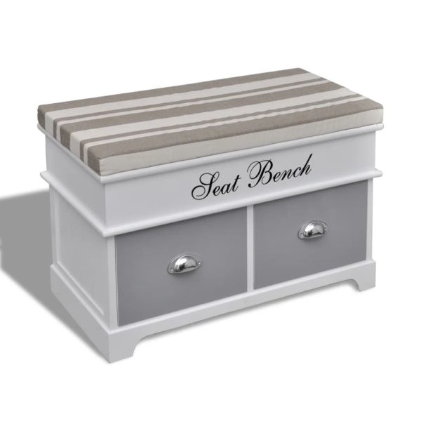 White Storage & Entryway Bench with Grey Cushion Top 2 Drawer