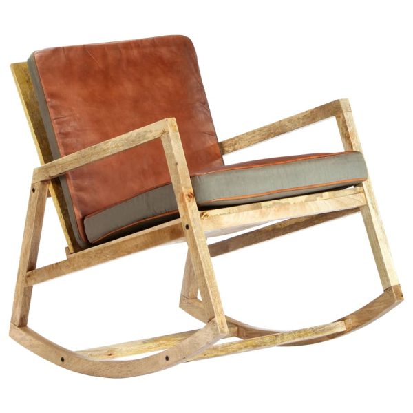 Rocking Chair Brown Real Leather and Solid Mango Wood