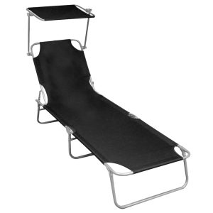 Folding Sun Lounger with Canopy Aluminium – Black