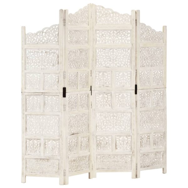 Carneys Hand carved 4-Panel Room Divider 160×165 cm Solid Mango Wood – White