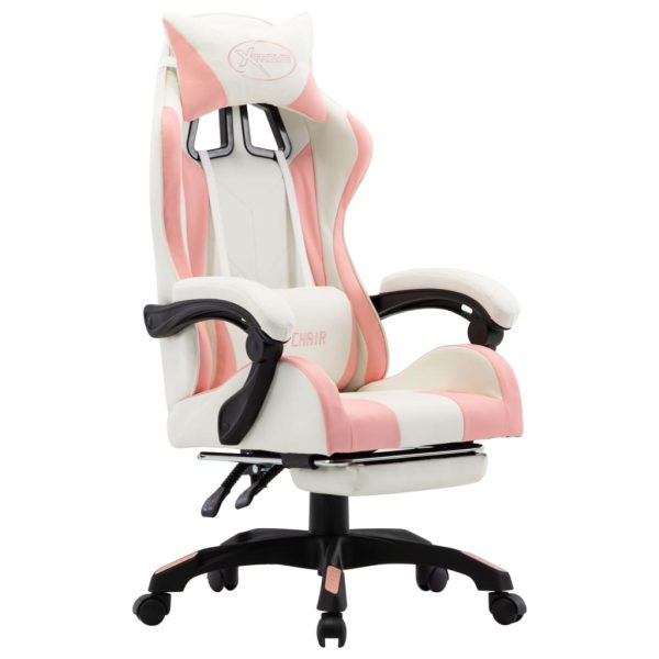 Racing Chair with Footrest Faux Leather – Pink and White