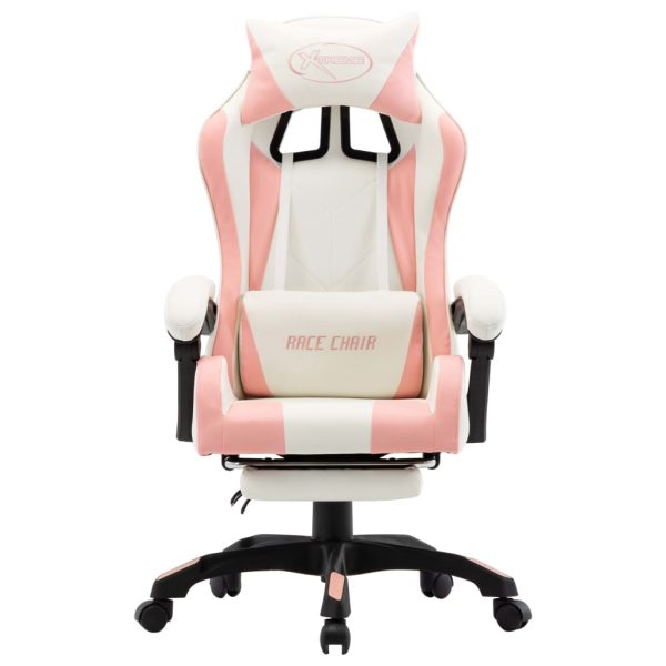 Racing Chair with Footrest Faux Leather – Pink and White