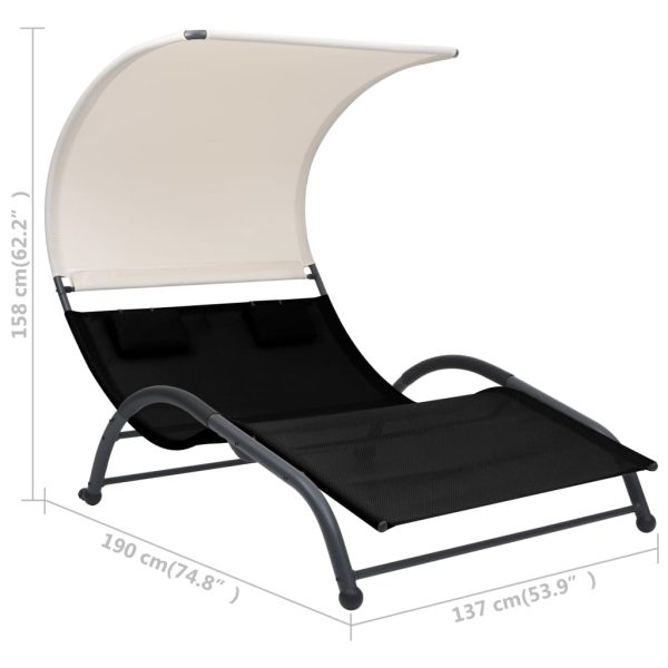 Double Sun Lounger with Canopy Textilene Black