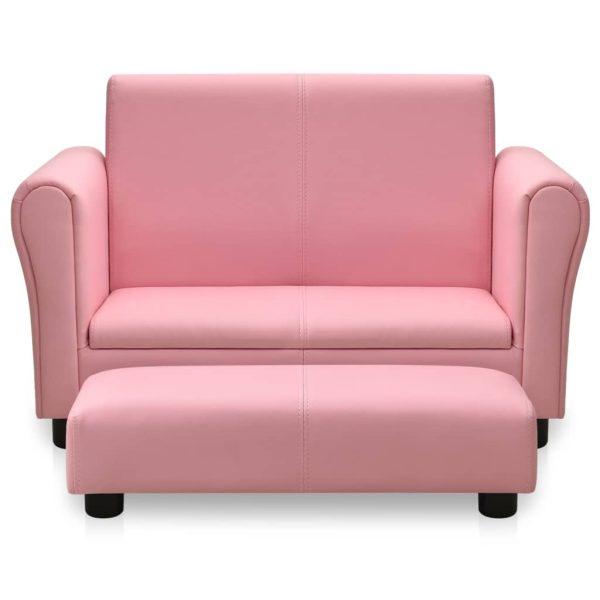 Children Sofa with Stool Faux Leather – Pink