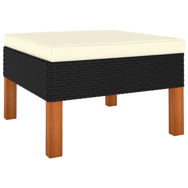 Footstool Poly Rattan and Solid Eucalyptus Wood – Black