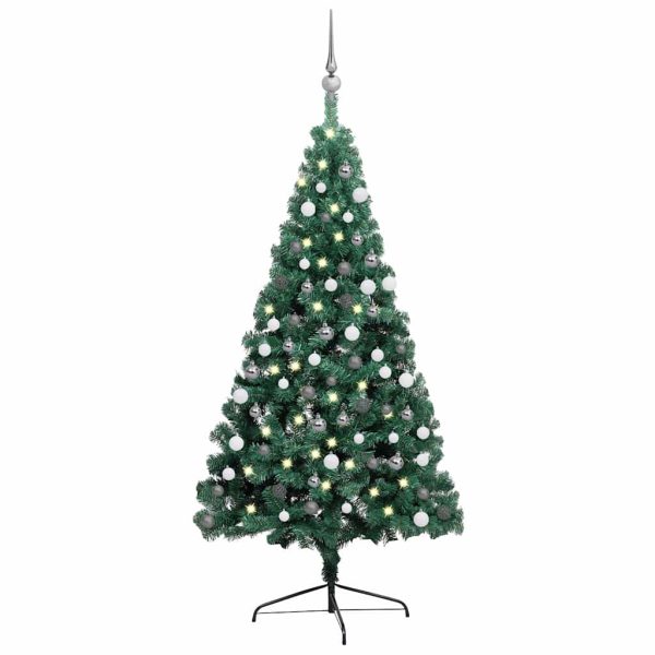 Artificial Half Christmas Tree with LEDs&Ball Set – 150×95 cm, Green and Grey