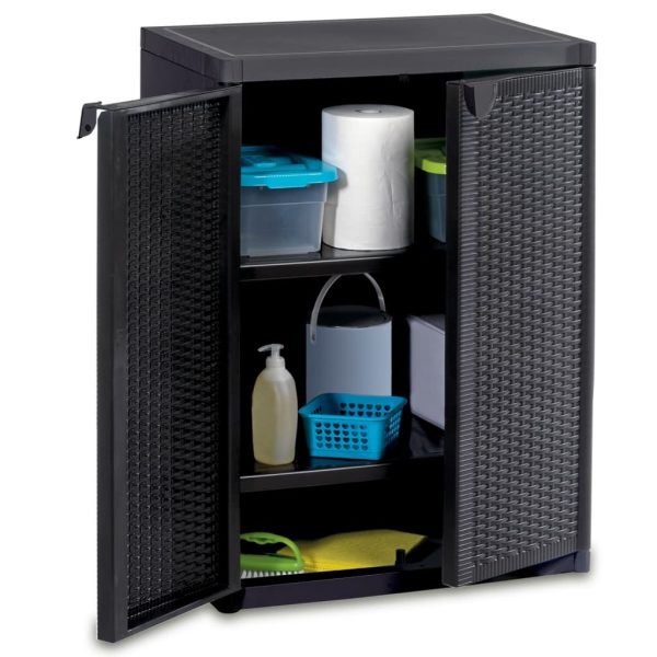 Garden Storage Cabinet PP Rattan – Black, 2 Shelves