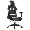 Massage Gaming Chair with Footrest Black Fabric – White