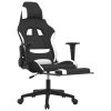 Massage Gaming Chair with Footrest Black Fabric – White