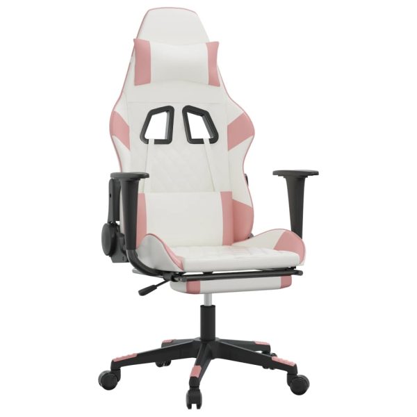 Massage Gaming Chair with Footrest Faux Leather – White and Pink