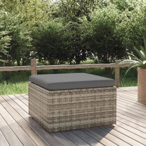 Garden Footrest with Cushion Grey 55x55x30 cm Poly Rattan