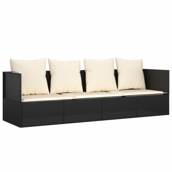 Outdoor Lounge Bed with Cushions Poly Rattan – Black and Cream White