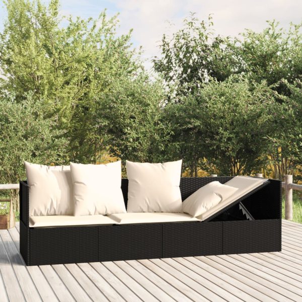 Outdoor Lounge Bed with Cushions Poly Rattan – Black and Cream White