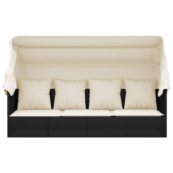 Outdoor Lounge Bed with Roof and Cushions Poly Rattan – Black and Cream White