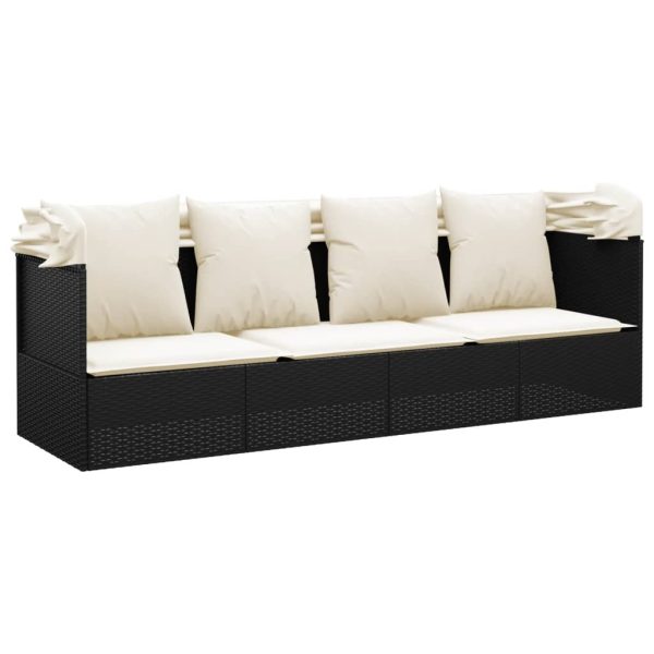 Outdoor Lounge Bed with Roof and Cushions Poly Rattan – Black and Cream White