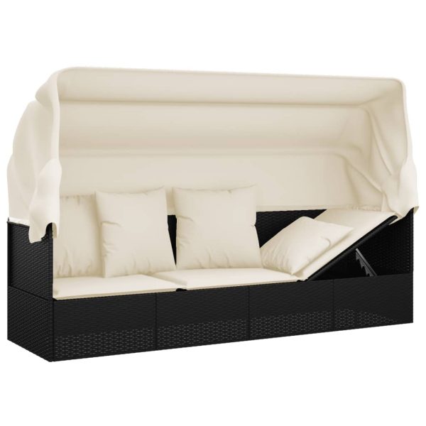 Outdoor Lounge Bed with Roof and Cushions Poly Rattan – Black and Cream White