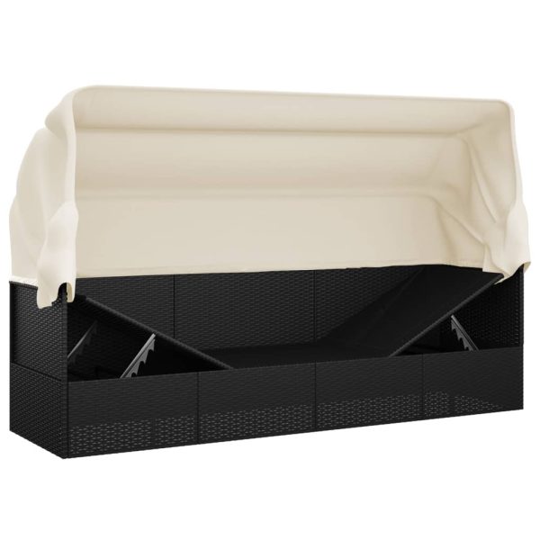 Outdoor Lounge Bed with Roof and Cushions Poly Rattan – Black and Cream White