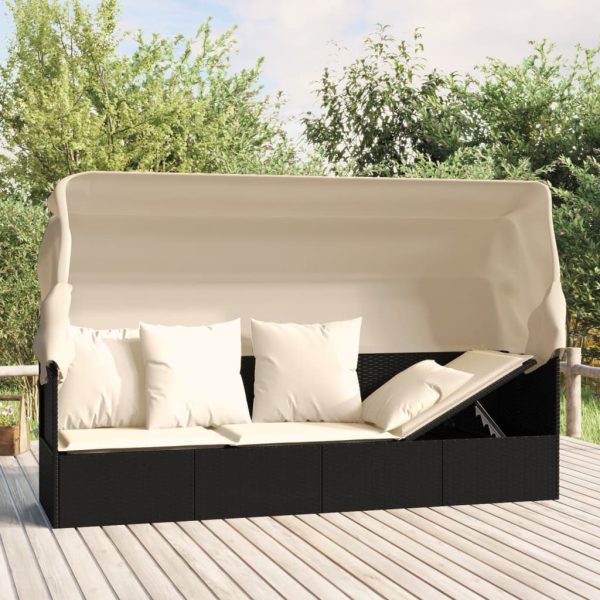 Outdoor Lounge Bed with Roof and Cushions Poly Rattan – Black and Cream White