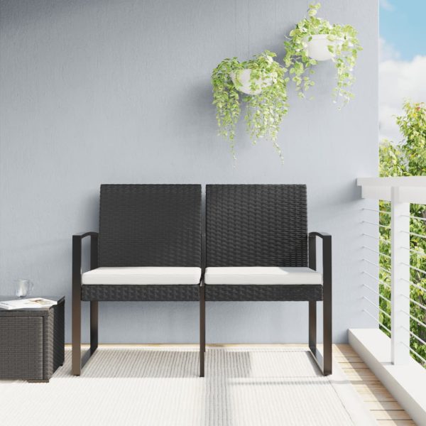 2-Seater Garden Bench with Cushions PP Rattan – Black