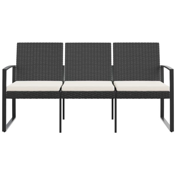 3-Seater Garden Bench with Cushions PP Rattan – Black