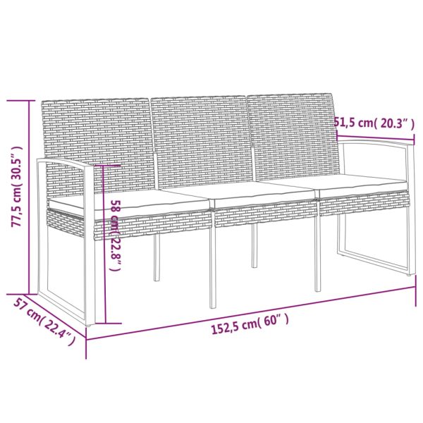 3-Seater Garden Bench with Cushions PP Rattan – Black