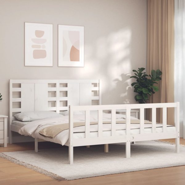 Bed Frame with Headboard White 153×203 cm Queen Solid Wood