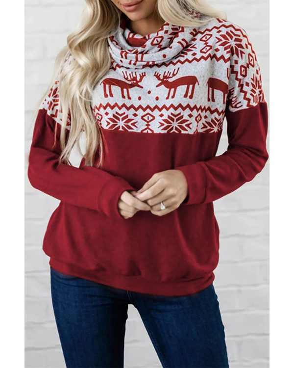 Azura Exchange Christmas Elk Print Cowl Neck Knit Top – 2XL