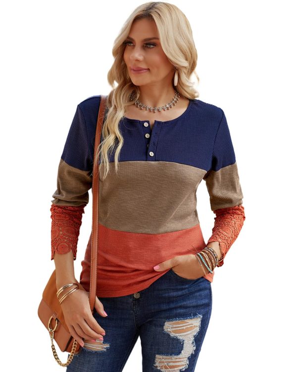 Azura Exchange Lace Splicing Color Block Long Sleeve Top – 2XL