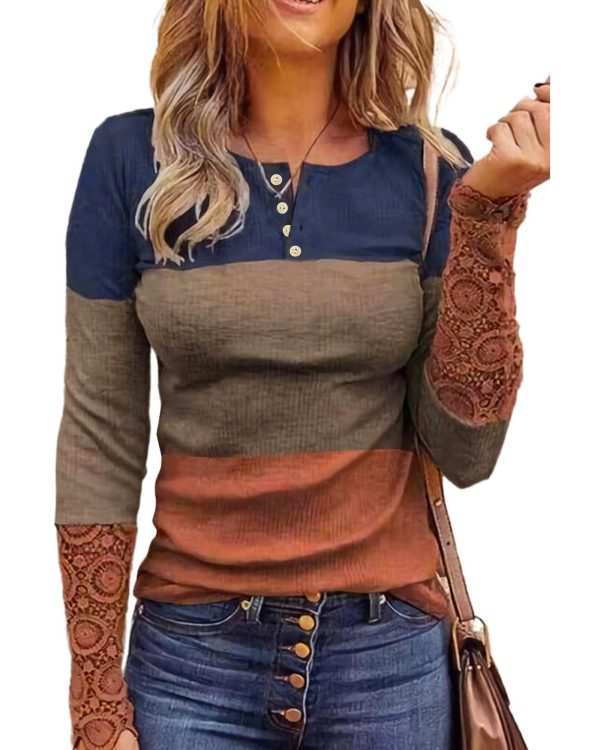 Azura Exchange Lace Splicing Color Block Long Sleeve Top – 2XL