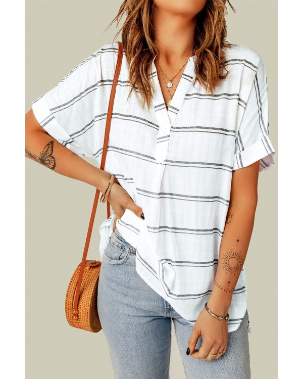 Azura Exchange Striped Print V Neck Shirt with Slits – S