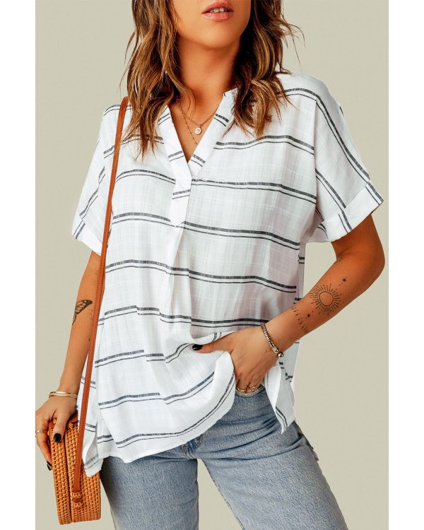 Azura Exchange Striped Print V Neck Shirt with Slits – S