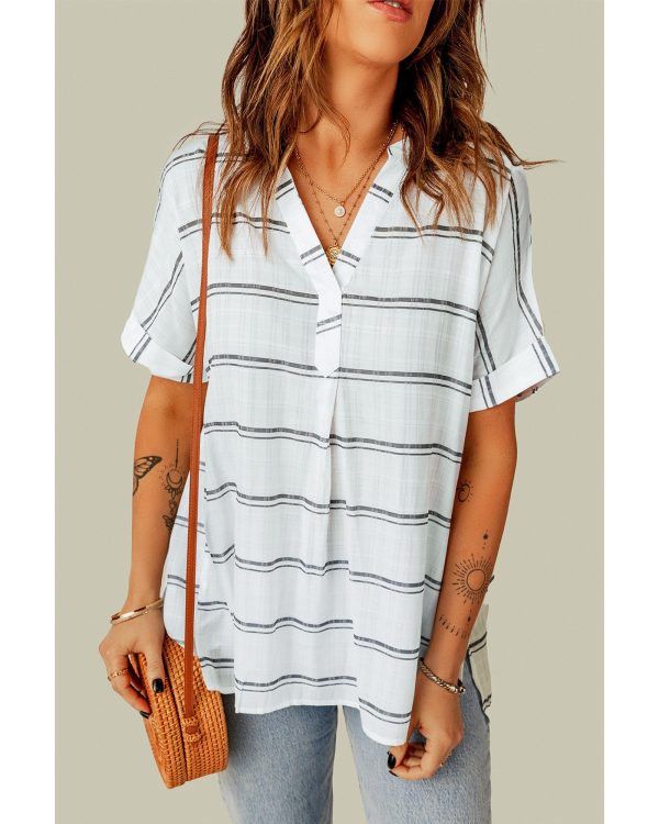 Azura Exchange Striped Print V Neck Shirt with Slits – S