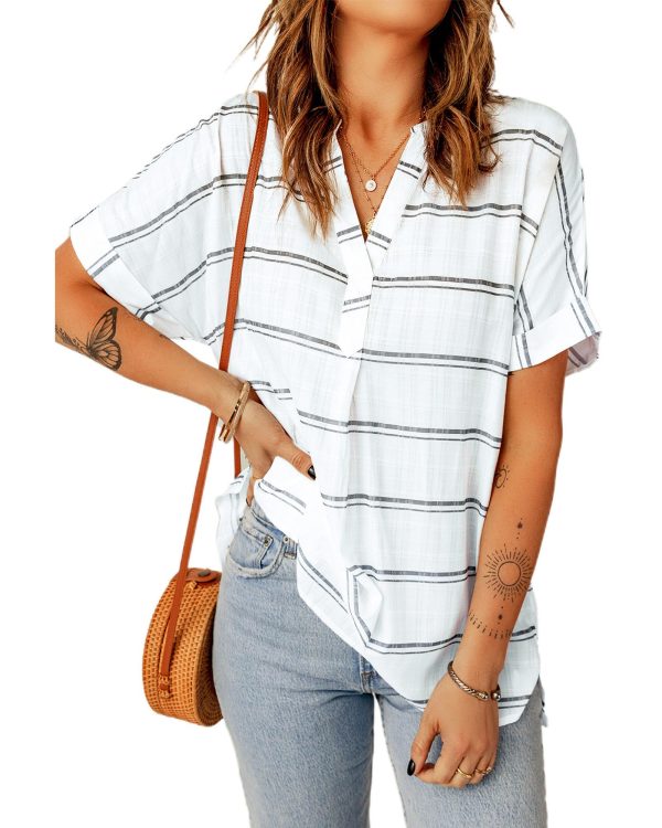 Azura Exchange Striped Print V Neck Shirt with Slits – S