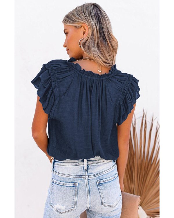 Azura Exchange Tiered Ruffled Drawstring V Neck Top – M