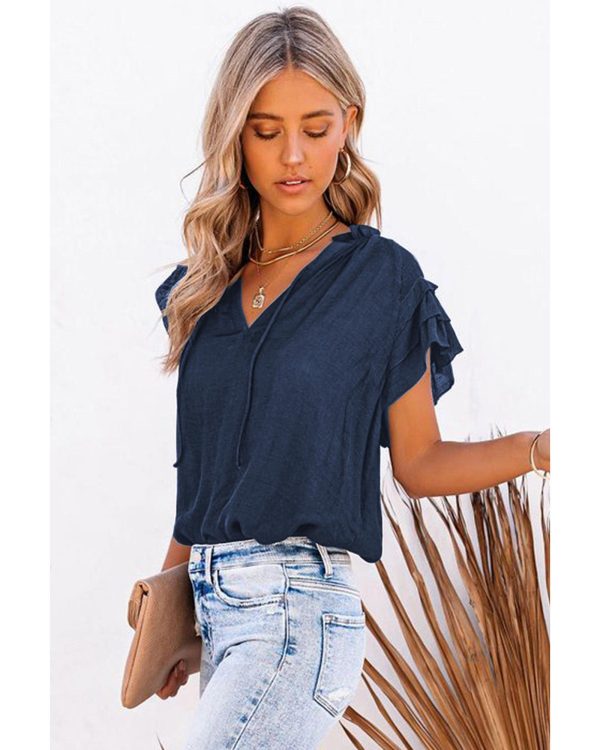 Azura Exchange Tiered Ruffled Drawstring V Neck Top – M