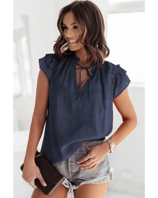 Azura Exchange Tiered Ruffled Drawstring V Neck Top – M