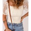 Azura Exchange Lace Mesh Crochet Patchwork Shirred Blouse – L