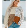 Azura Exchange Ribbed Khaki Leopard Patchwork Long Sleeve Top – S