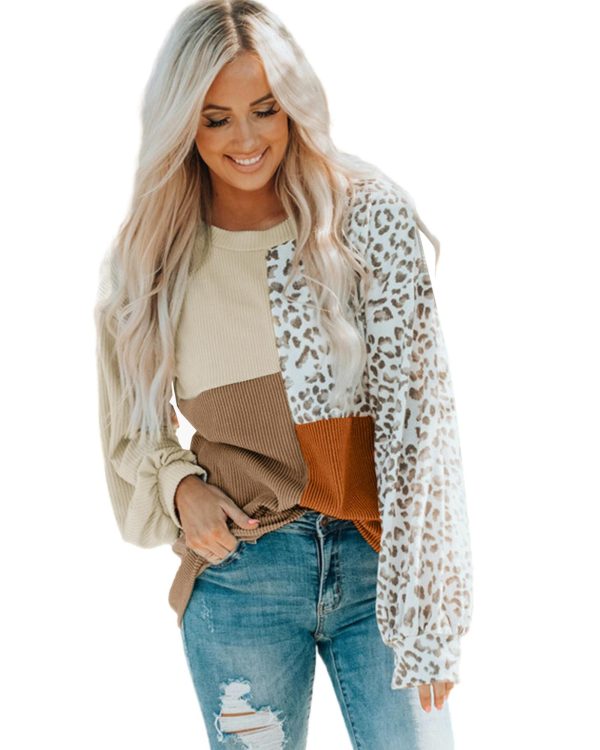 Azura Exchange Ribbed Khaki Leopard Patchwork Long Sleeve Top – S