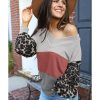 Azura Exchange Leopard Contrast Sleeve Colorblock Waffle Knit Top – M