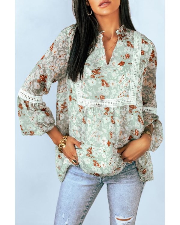 Azura Exchange Lace Crochet Trim Blouse with Floral Print – L