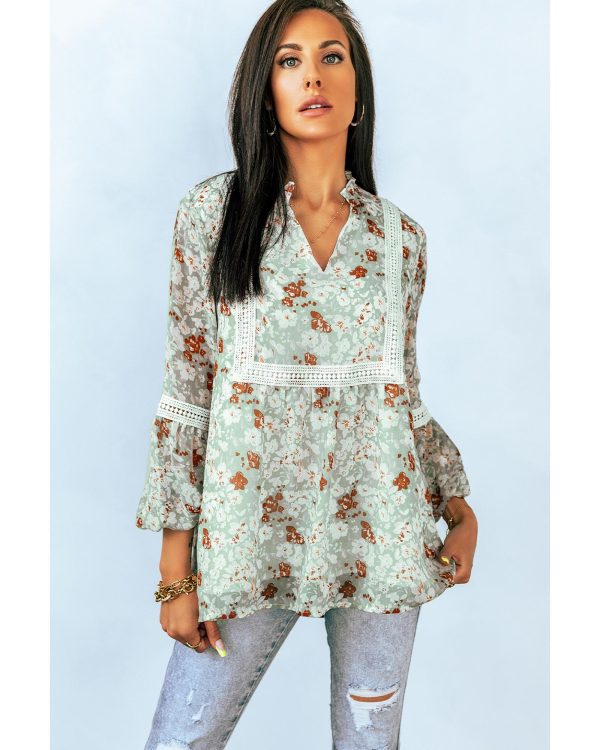 Azura Exchange Lace Crochet Trim Blouse with Floral Print – L