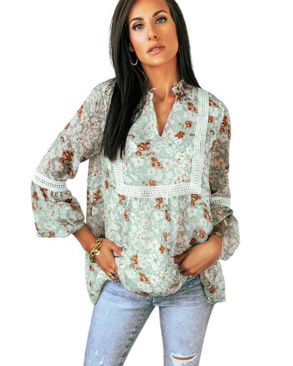 Azura Exchange Lace Crochet Trim Blouse with Floral Print – L