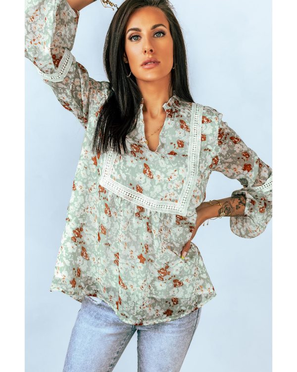 Azura Exchange Lace Crochet Trim Blouse with Floral Print – L