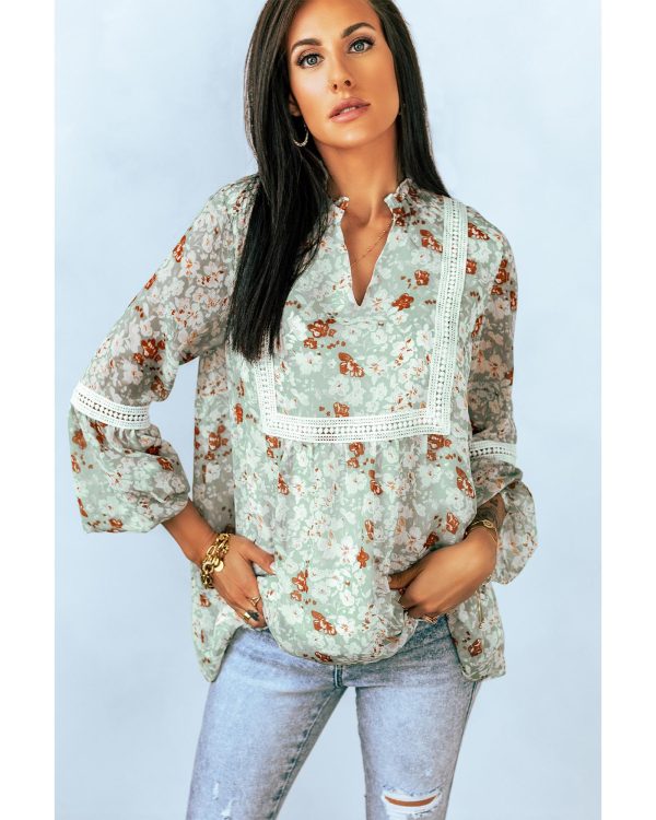 Azura Exchange Lace Crochet Trim Blouse with Floral Print – L